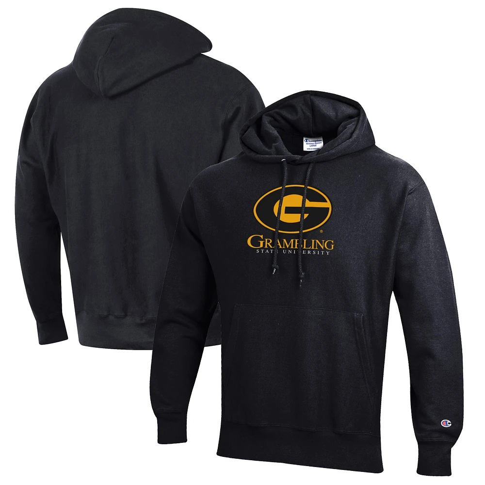 Men's Champion Black Grambling Tigers Reverse Weave Fleece Pullover Hoodie