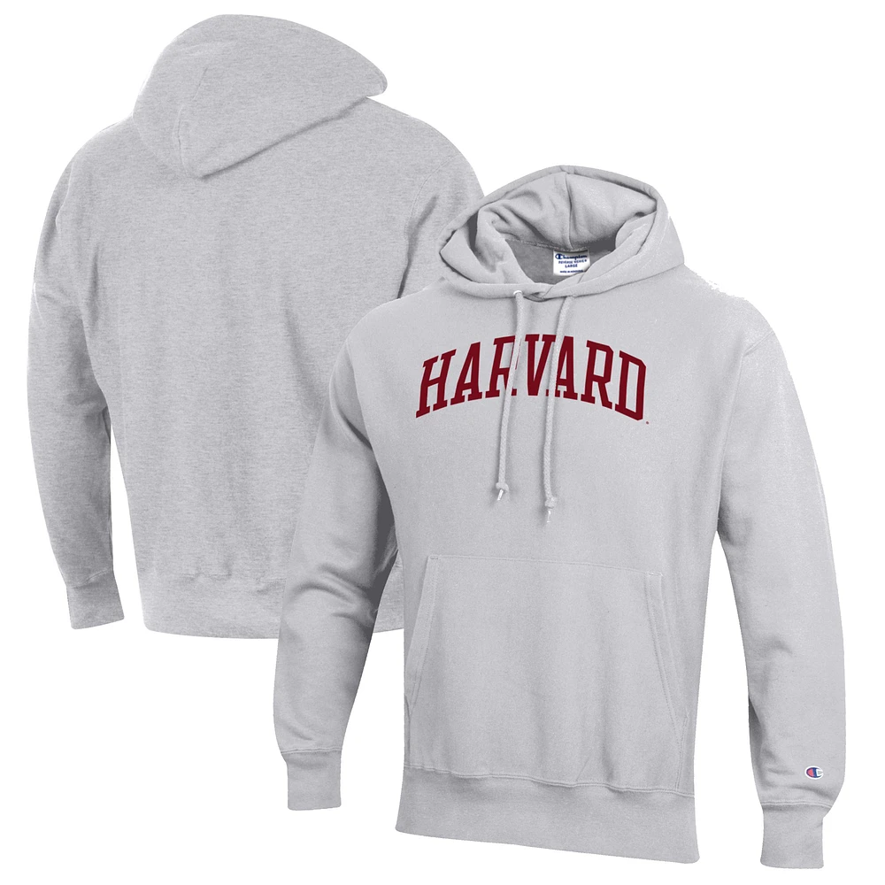 Men's Champion Heathered Gray Harvard Crimson Reverse Weave Fleece Pullover Hoodie