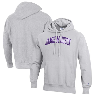 Men's Champion Heathered Gray James Madison Dukes Reverse Weave Fleece Pullover Hoodie