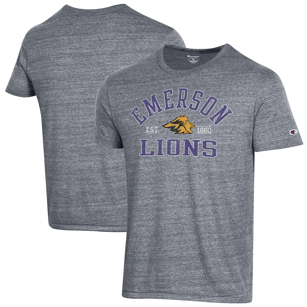 Men's Champion Heathered Gray Emerson College Lions Ultimate Tri-Blend T-Shirt