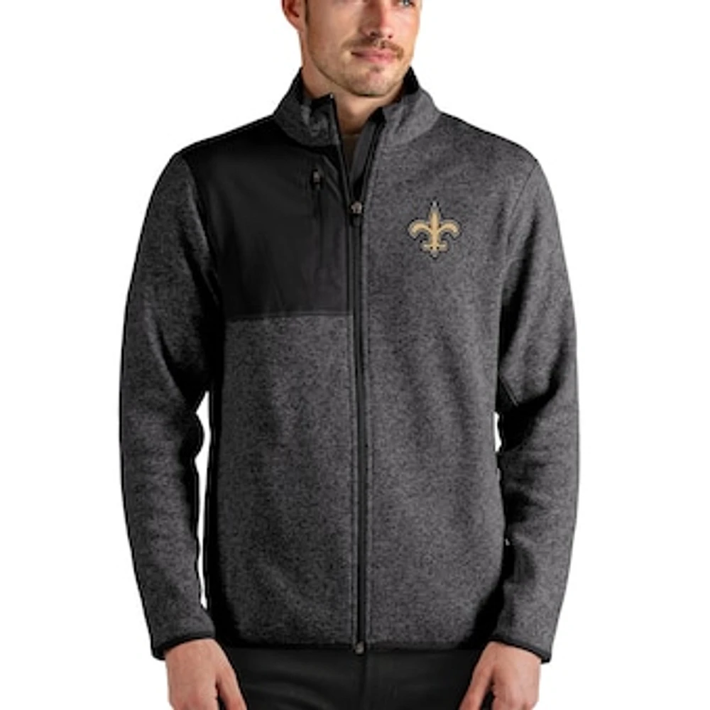 Men's Antigua Heathered Black New Orleans Saints Fortune Full-Zip Jacket
