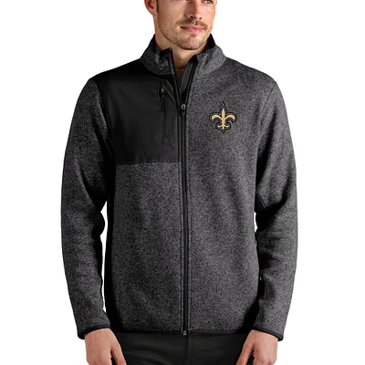Men's Antigua Heathered Black New Orleans Saints Fortune Full-Zip Jacket