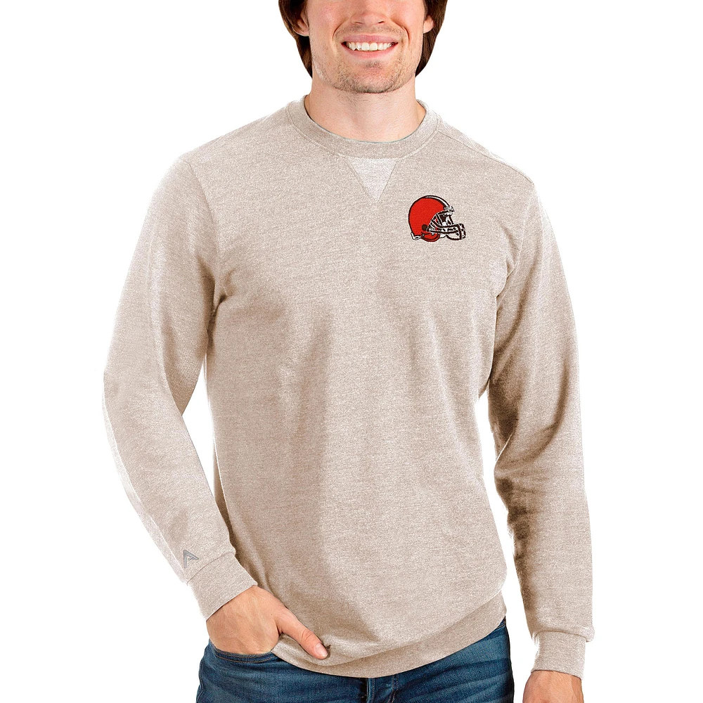 Men's Antigua Oatmeal Cleveland Browns Reward Crewneck Pullover Sweatshirt