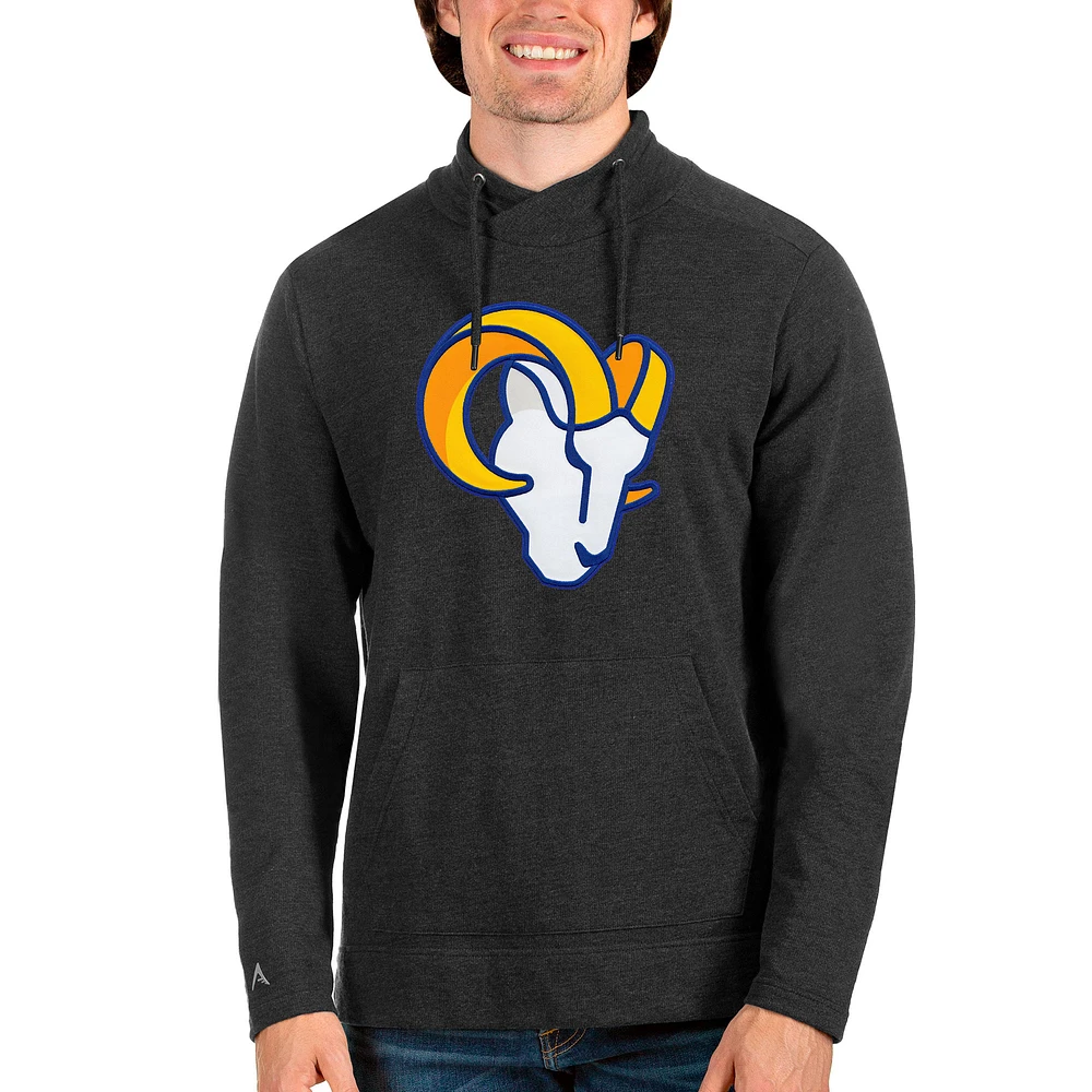 Men's Antigua Heathered Black Los Angeles Rams Team Reward Crossover Neckline Pullover Sweatshirt