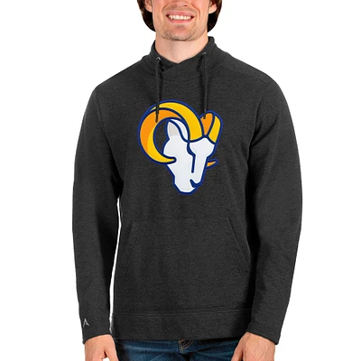 Men's Antigua Heathered Black Los Angeles Rams Team Reward Crossover Neckline Pullover Sweatshirt