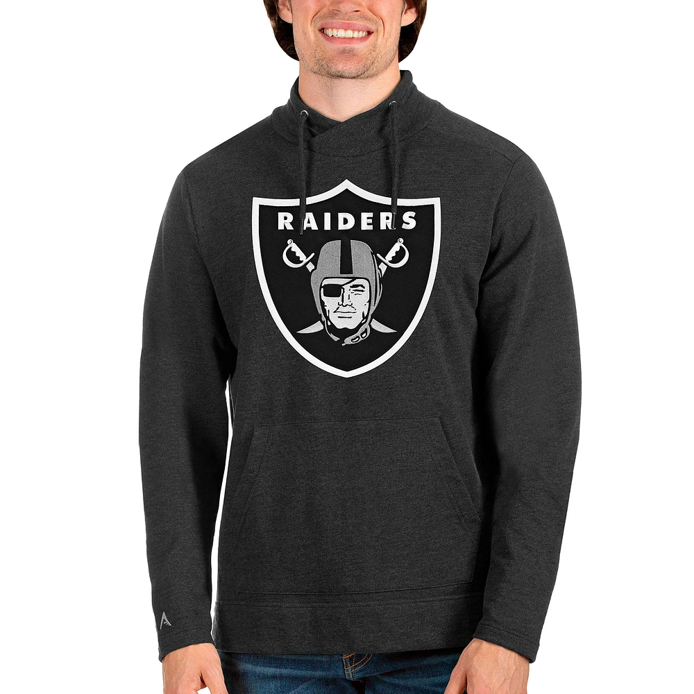 Men's Antigua Heathered Black Las Vegas Raiders Team Reward Crossover Neckline Pullover Sweatshirt