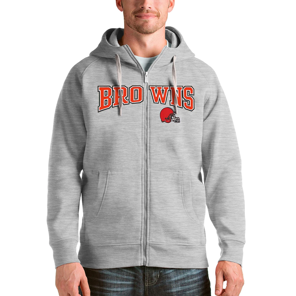 Men's Antigua Heathered Gray Cleveland Browns Wordmark Victory Full-Zip Hoodie