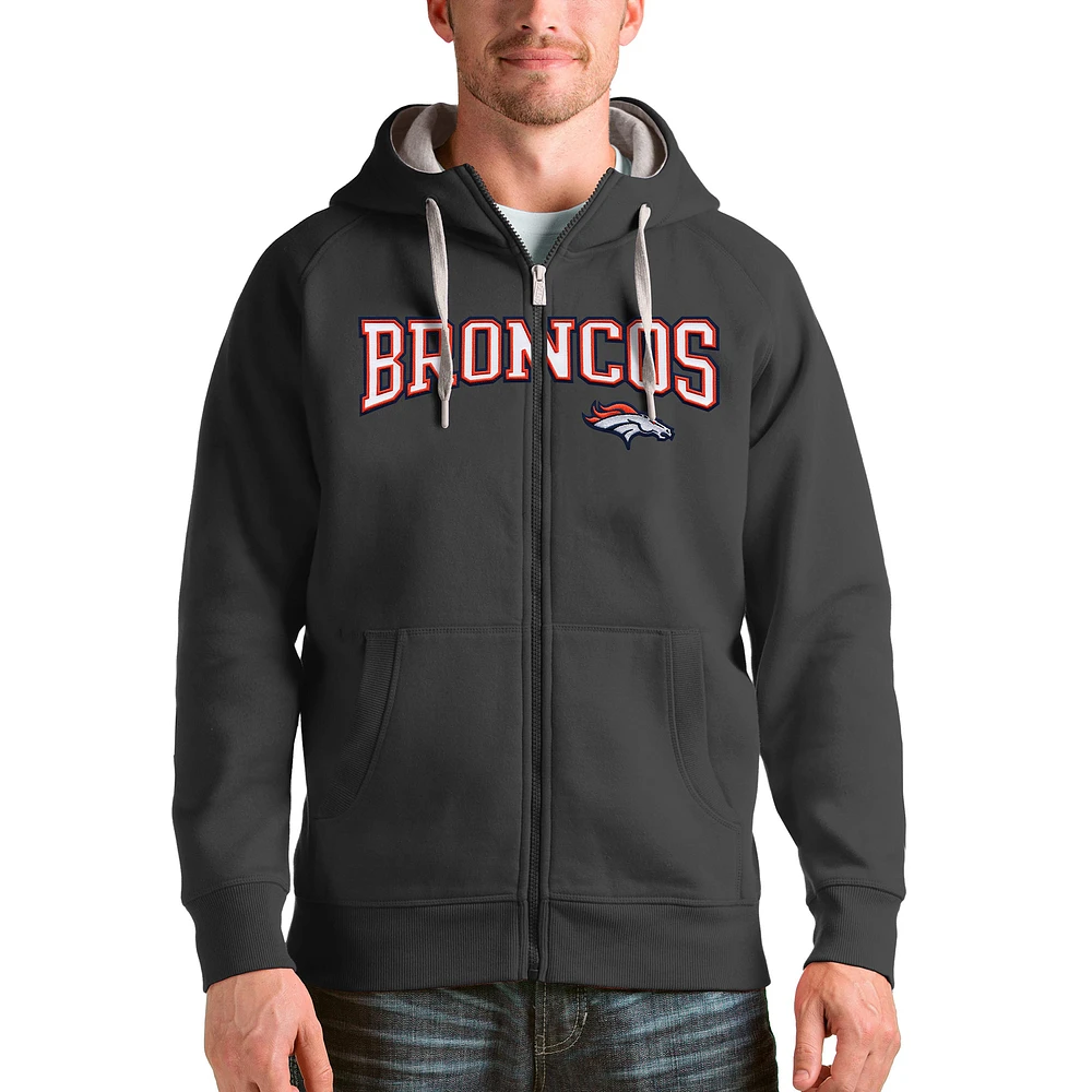Men's Antigua Charcoal Denver Broncos Wordmark Victory Full-Zip Hoodie