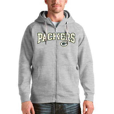 Men's Antigua Heathered Gray Green Bay Packers Wordmark Victory Full-Zip Hoodie