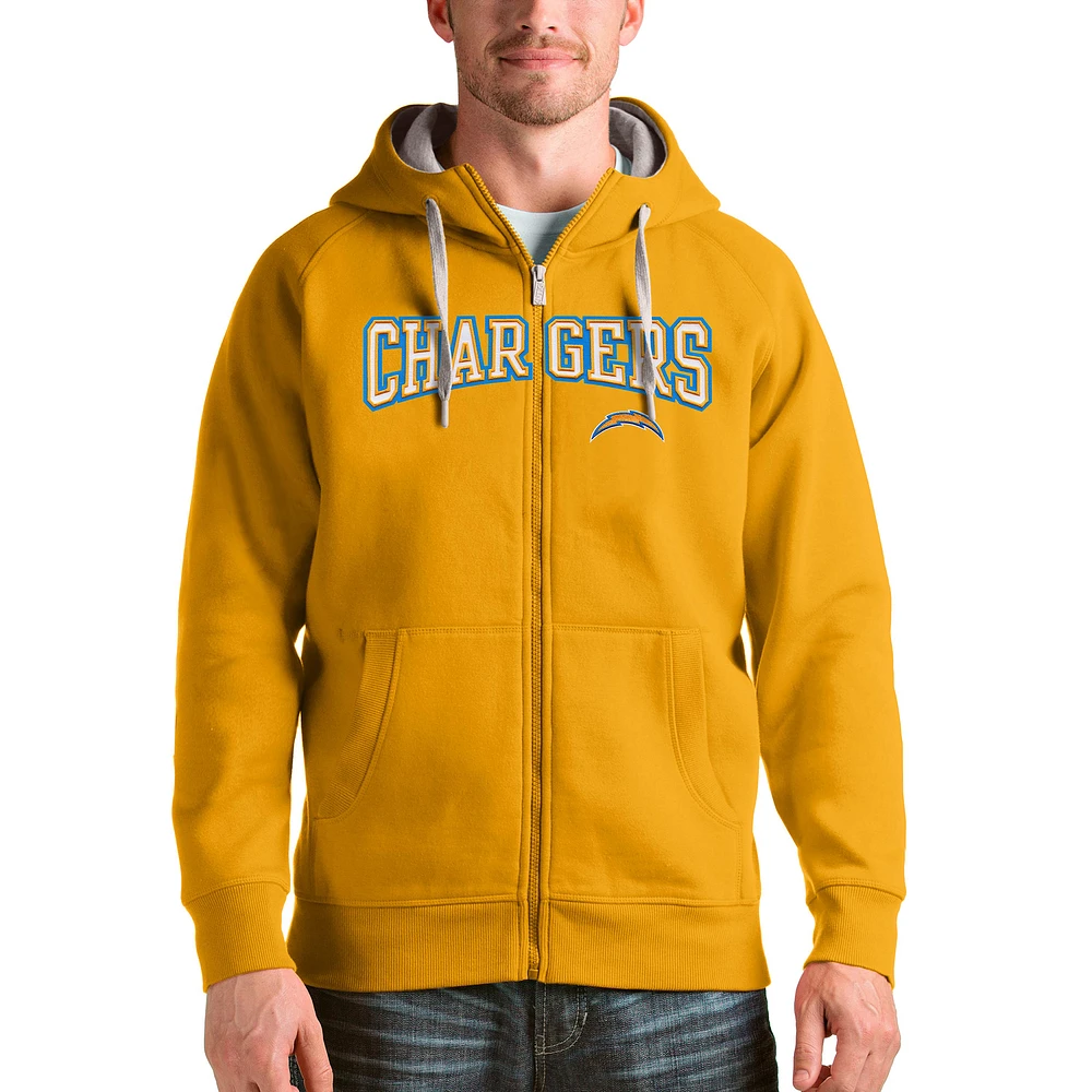 Men's Antigua Gold Los Angeles Chargers Wordmark Victory Full-Zip Hoodie