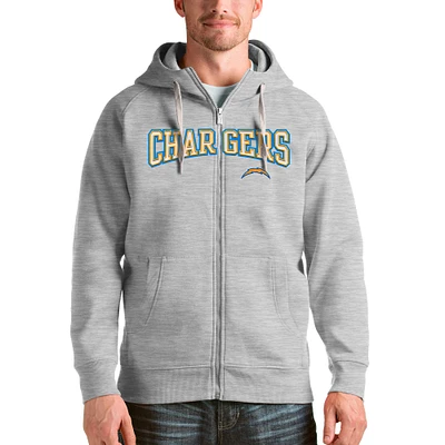 Men's Antigua Heathered Gray Los Angeles Chargers Wordmark Victory Full-Zip Hoodie