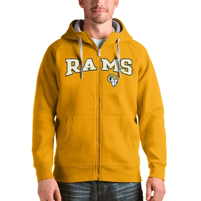 Men's Antigua Gold Los Angeles Rams Wordmark Victory Full-Zip Hoodie