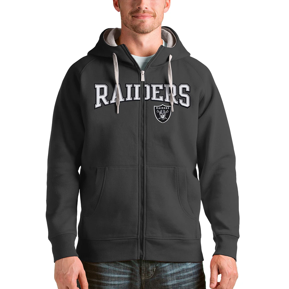 Men's Antigua Charcoal Las Vegas Raiders Wordmark Victory Full-Zip Hoodie