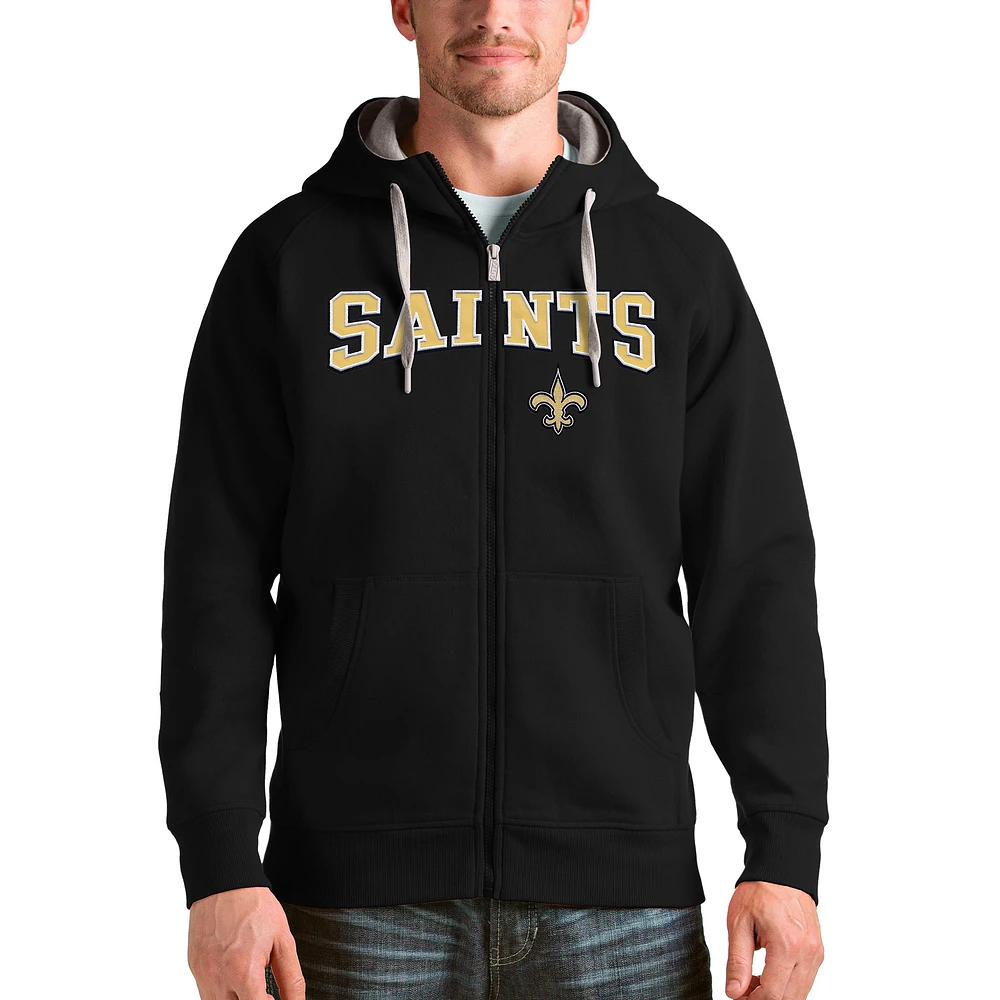 Men's Antigua Black New Orleans Saints Wordmark Victory Full-Zip Hoodie