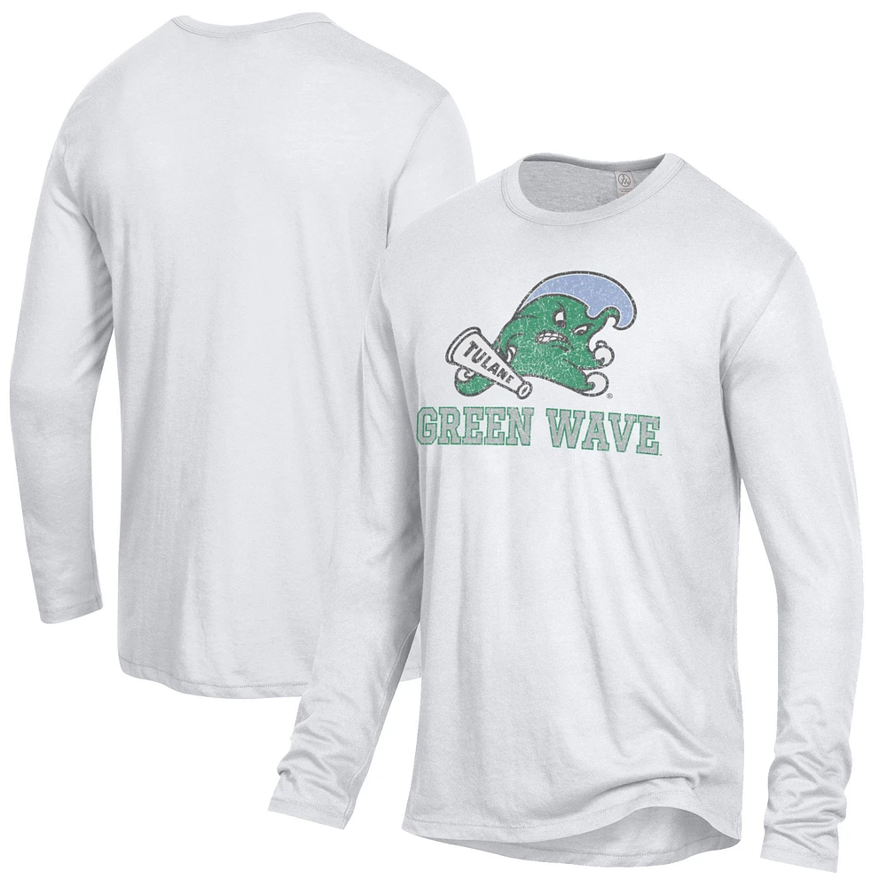 Men's Alternative Apparel White Tulane Green Wave Keeper Long Sleeve T-Shirt