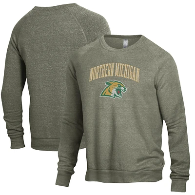 Men's Alternative Apparel Heathered Green Northern Michigan Wildcats The Champ Raglan Pullover Sweatshirt