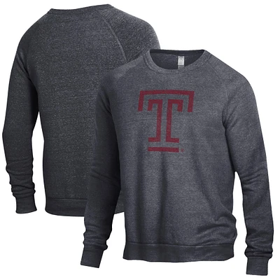 Men's Alternative Apparel Heathered Black Temple Owls The Champ Raglan Pullover Sweatshirt