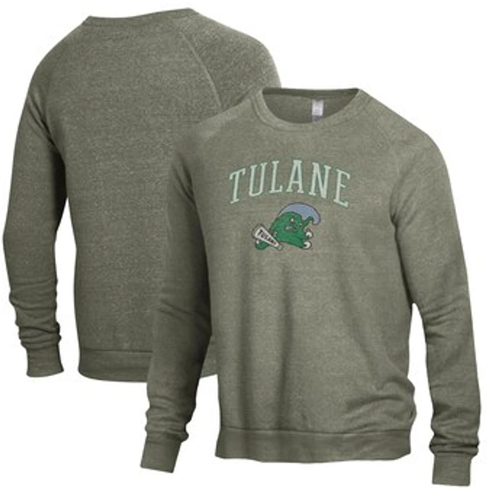 Men's Alternative Apparel Heathered Green Tulane Wave The Champ Raglan Pullover Sweatshirt