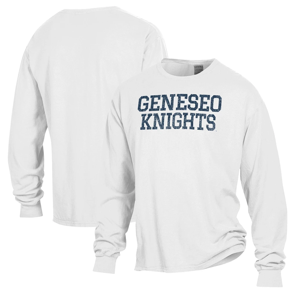 Men's ComfortWash White SUNY Geneseo Knights Garment Dyed Long Sleeve T-Shirt