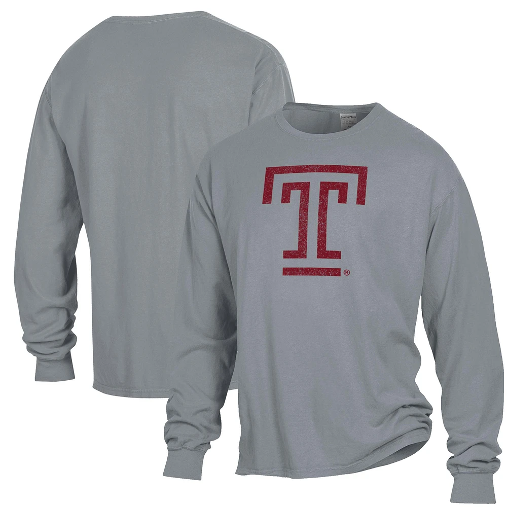 Men's ComfortWash Gray Temple Owls Garment Dyed Long Sleeve T-Shirt