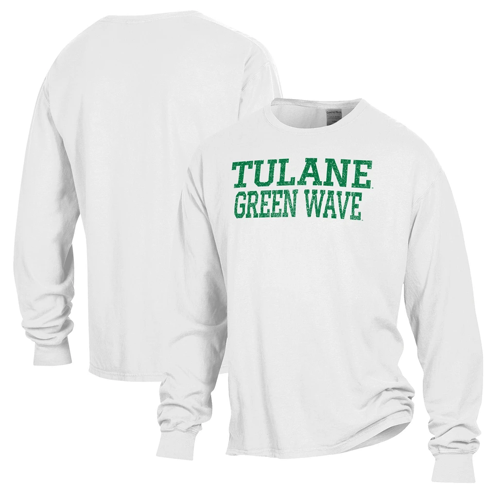 Men's ComfortWash White Tulane Green Wave Garment Dyed Long Sleeve T-Shirt
