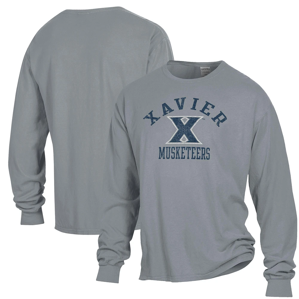 Men's ComfortWash Gray Xavier Musketeers Garment Dyed Long Sleeve T-Shirt