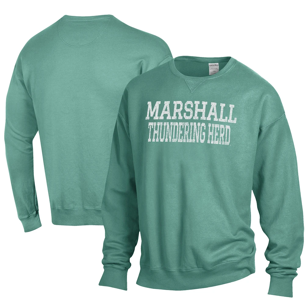 Men's ComfortWash Green Marshall Thundering Herd Garment Dyed Fleece Crewneck Pullover Sweatshirt