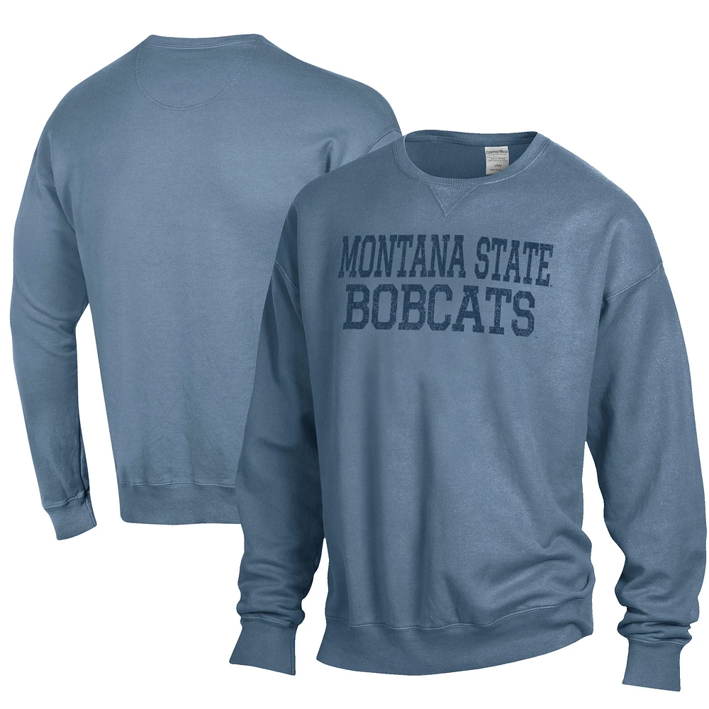 Men's ComfortWash Steel Blue Montana State Bobcats Garment Dyed Fleece Crewneck Pullover Sweatshirt