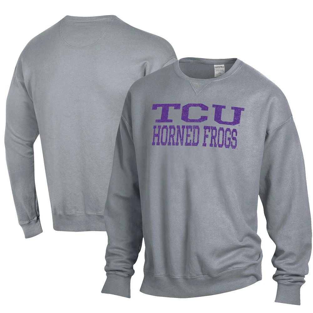 Men's ComfortWash Gray TCU Horned Frogs Garment Dyed Fleece Crewneck Pullover Sweatshirt