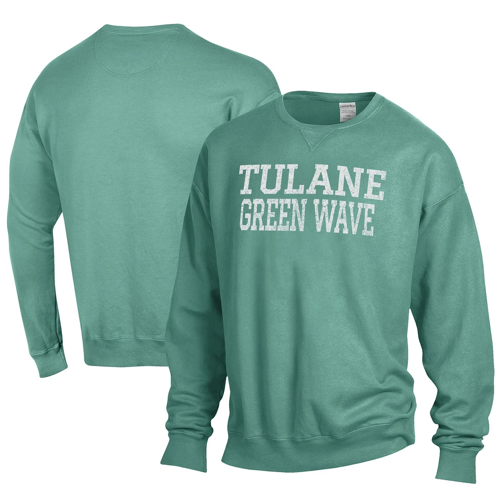 Men's ComfortWash Green Tulane Wave Garment Dyed Fleece Crewneck Pullover Sweatshirt