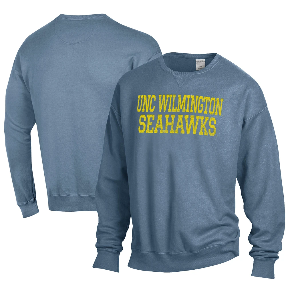 Men's ComfortWash Blue UNC Wilmington Seahawks Garment Dyed Fleece Crewneck Pullover Sweatshirt