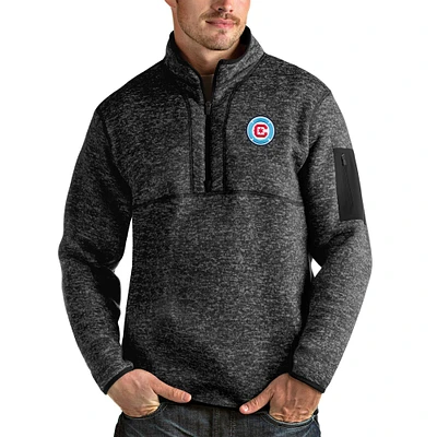Men's Antigua Heathered Black Chicago Fire Logo Fortune Quarter-Zip Pullover Jacket