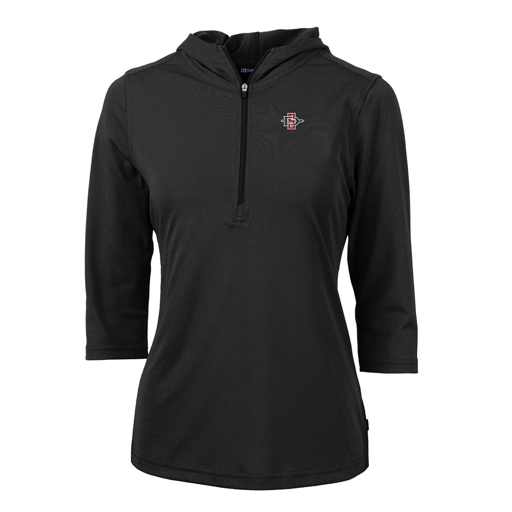 Women's Cutter & Buck Black San Diego State Aztecs Virtue Eco Pique Half-Zip 3/4 Sleeve Pullover Hoodie