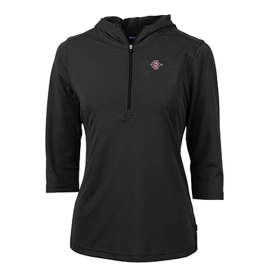 Women's Cutter & Buck Black San Diego State Aztecs Virtue Eco Pique Half-Zip 3/4 Sleeve Pullover Hoodie