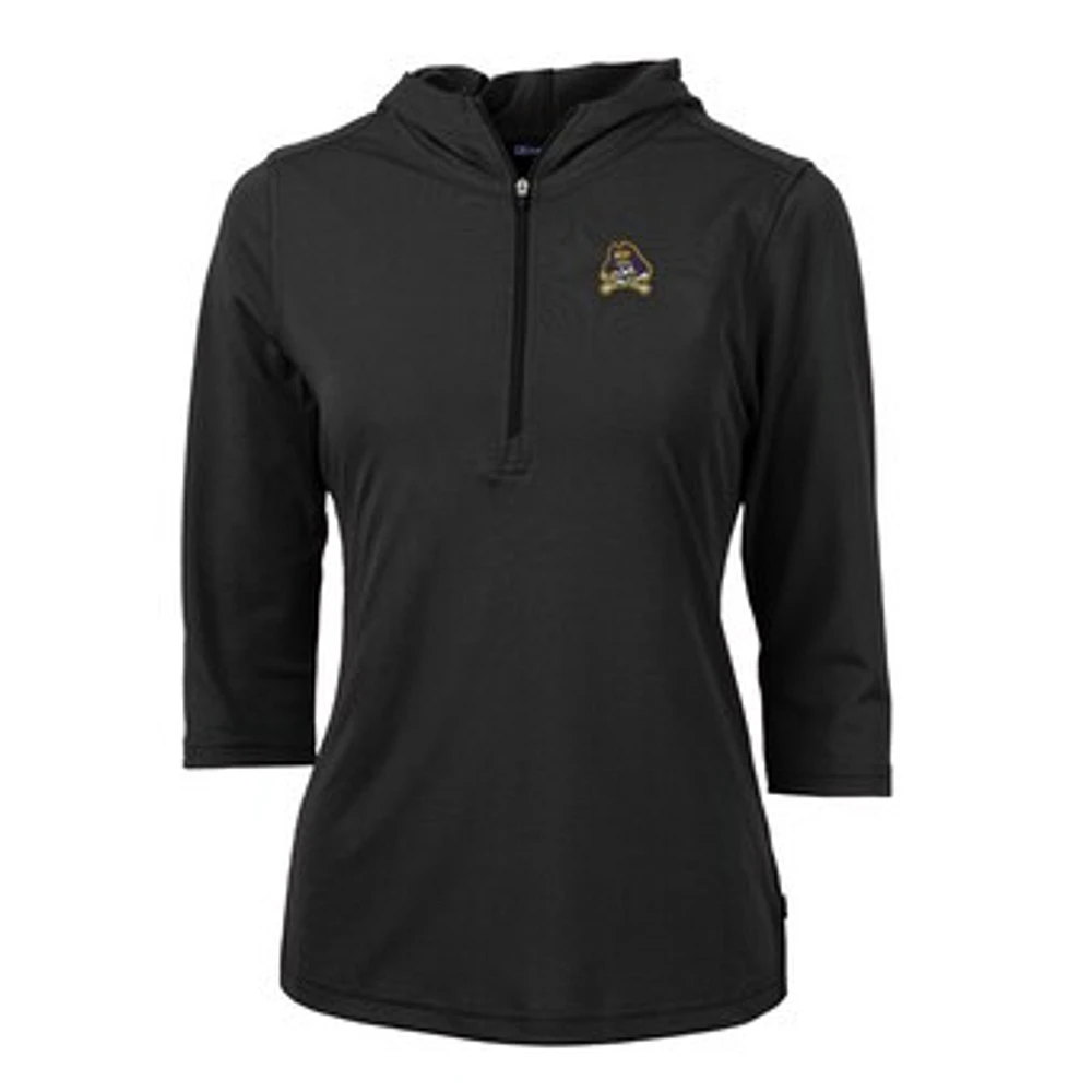 Women's Cutter & Buck Black ECU Pirates Virtue Eco Pique Half-Zip 3/4 Sleeve Pullover Hoodie