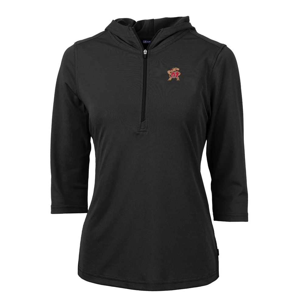 Women's Cutter & Buck Black Maryland Terrapins Virtue Eco Pique Half-Zip 3/4 Sleeve Pullover Hoodie