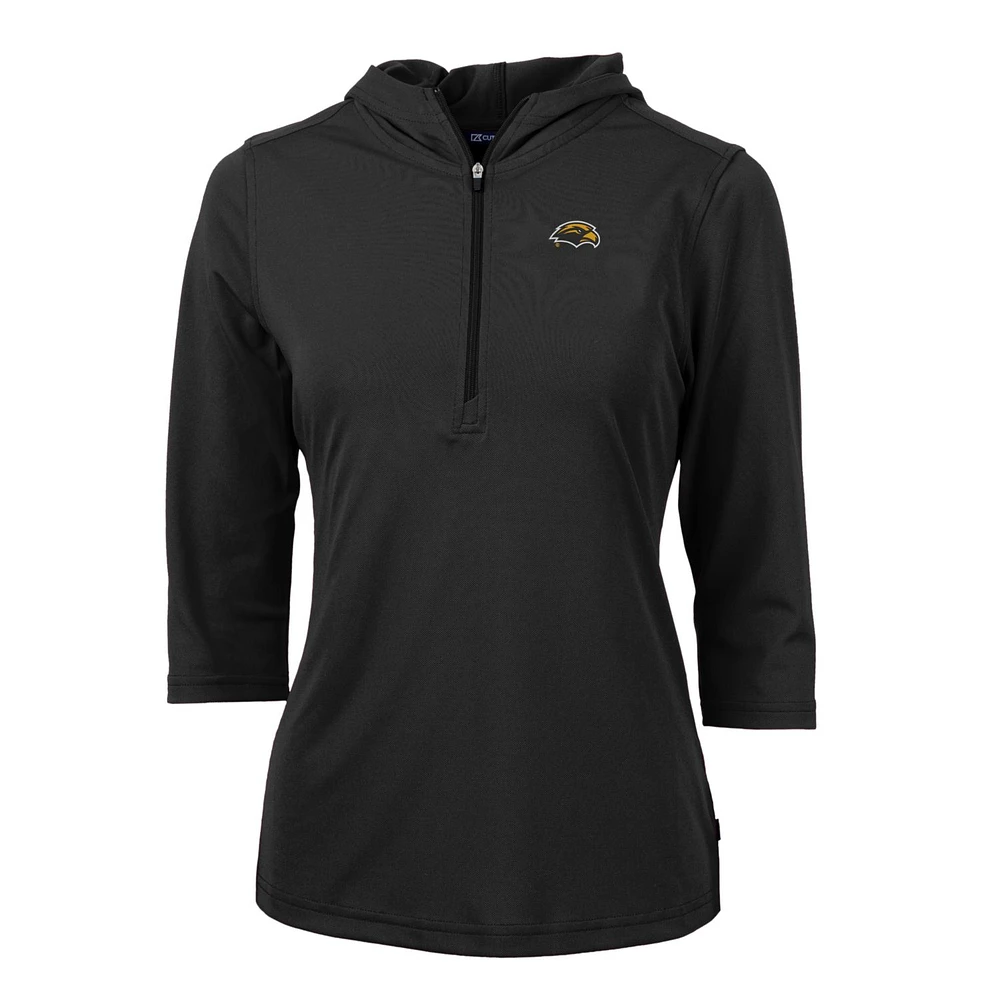 Women's Cutter & Buck Black Southern Miss Golden Eagles Virtue Eco Pique Half-Zip 3/4 Sleeve Pullover Hoodie