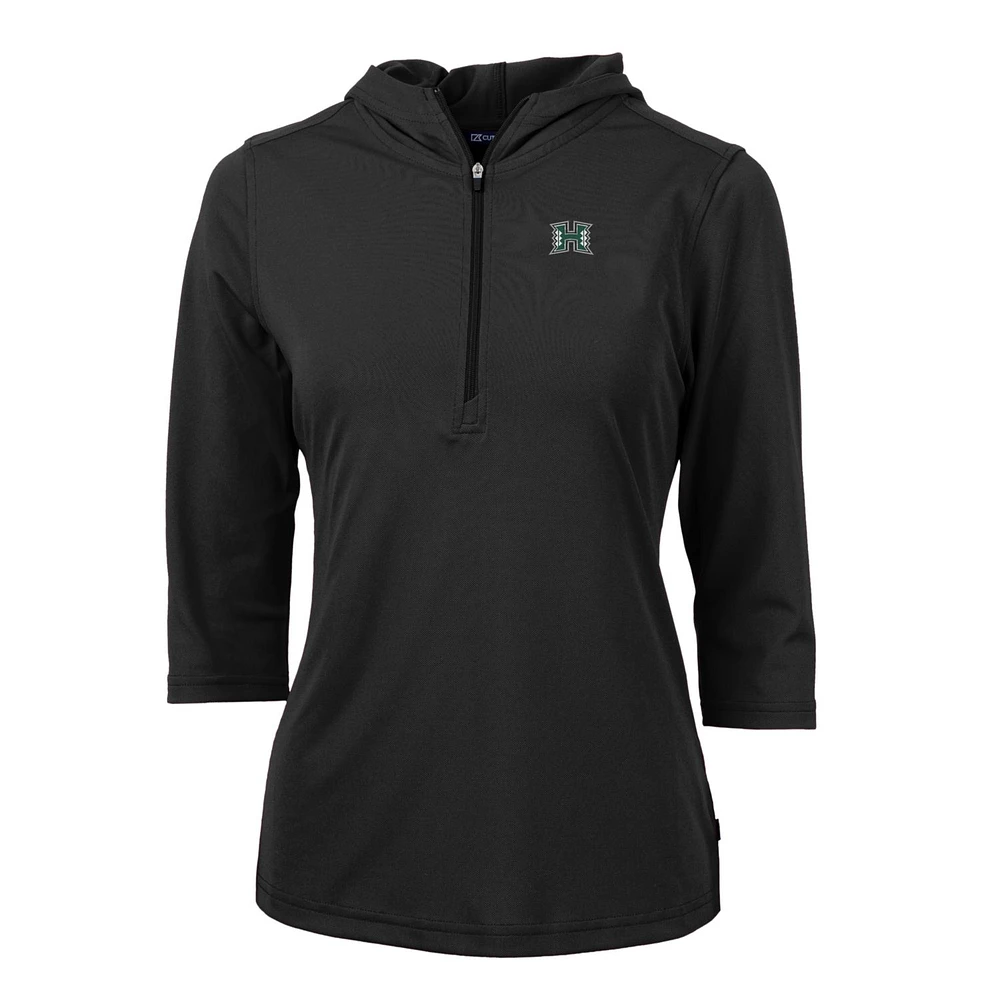 Women's Cutter & Buck Black Hawaii Warriors Virtue Eco Pique Half-Zip 3/4 Sleeve Pullover Hoodie