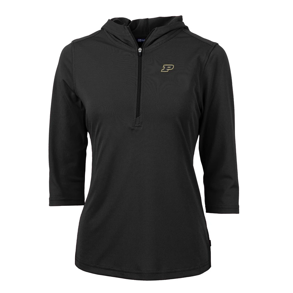 Women's Cutter & Buck Black Purdue Boilermakers Virtue Eco Pique Half-Zip 3/4 Sleeve Pullover Hoodie