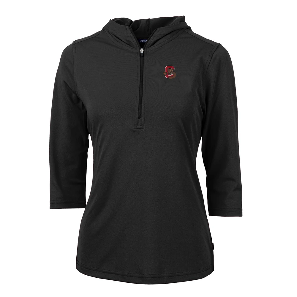 Women's Cutter & Buck Black Cornell Big Red Virtue Eco Pique Half-Zip 3/4 Sleeve Pullover Hoodie