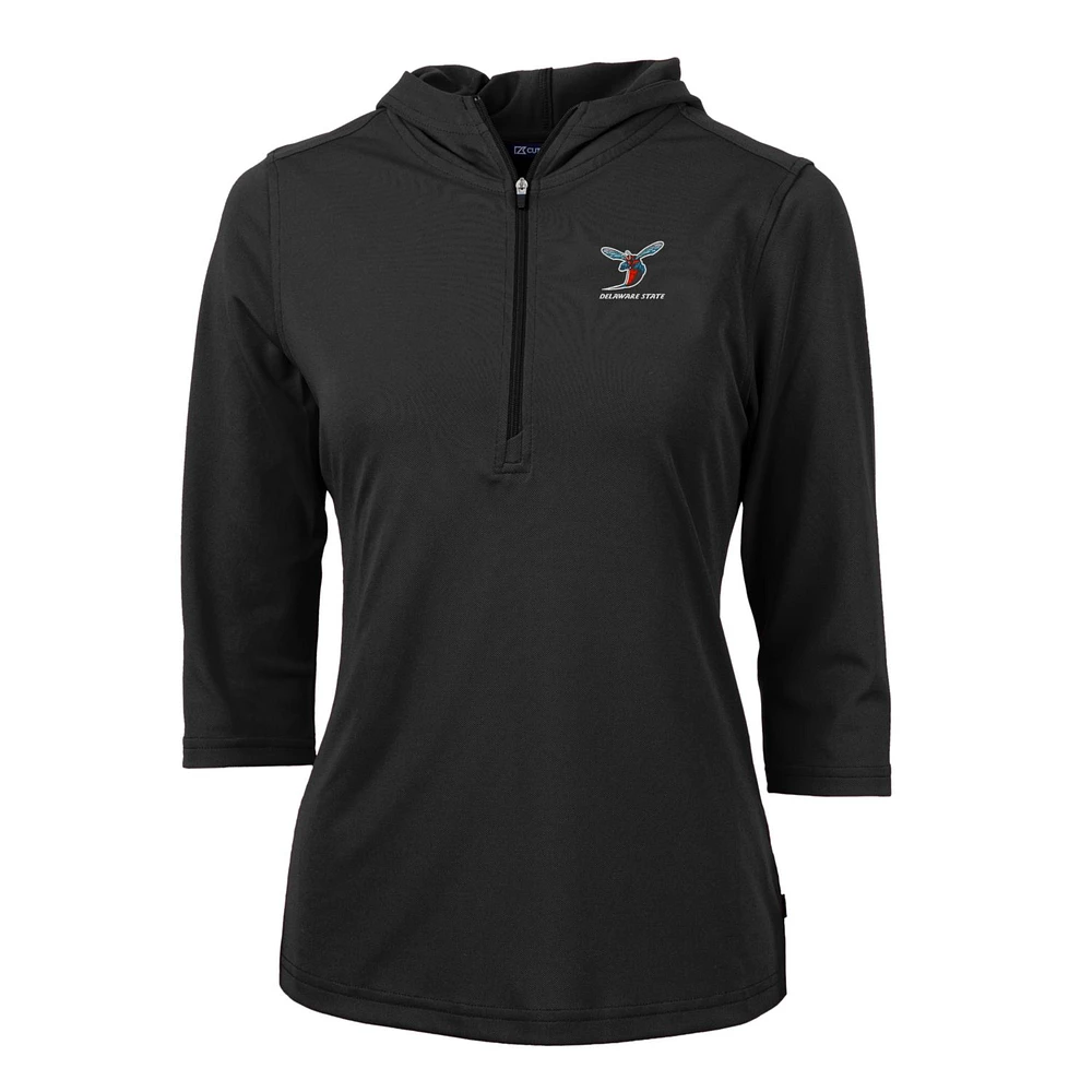Women's Cutter & Buck Black Delaware State Hornets Virtue Eco Pique Half-Zip 3/4 Sleeve Pullover Hoodie