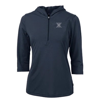 Women's Cutter & Buck Navy Xavier Musketeers Virtue Eco Pique Half-Zip 3/4 Sleeve Pullover Hoodie