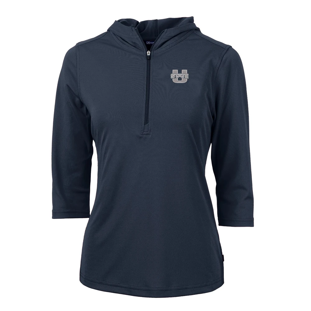 Women's Cutter & Buck Navy Utah State Aggies Virtue Eco Pique Half-Zip 3/4 Sleeve Pullover Hoodie