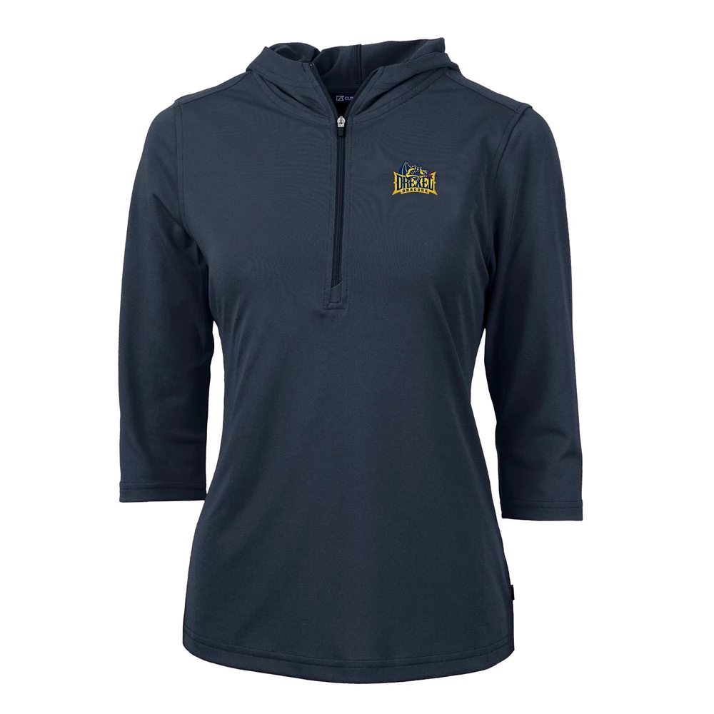 Women's Cutter & Buck Navy Drexel Dragons Virtue Eco Pique Half-Zip 3/4 Sleeve Pullover Hoodie