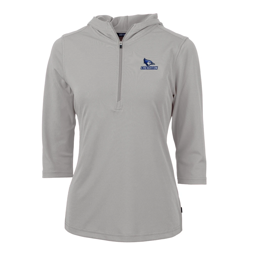 Women's Cutter & Buck Silver Creighton Bluejays Virtue Eco Pique Half-Zip 3/4 Sleeve Pullover Hoodie