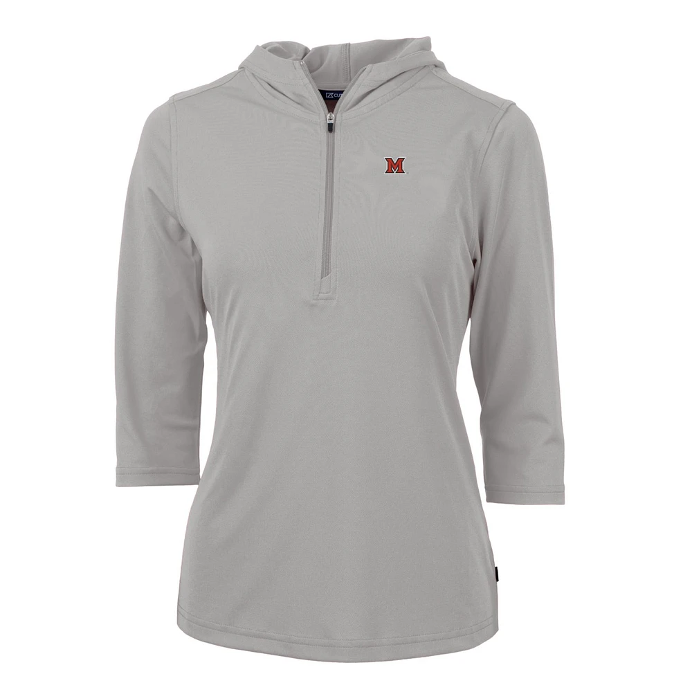 Women's Cutter & Buck Silver Miami University RedHawks Virtue Eco Pique Half-Zip 3/4 Sleeve Pullover Hoodie