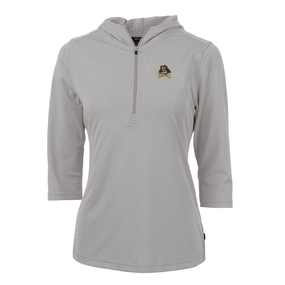 Women's Cutter & Buck Silver ECU Pirates Virtue Eco Pique Half-Zip 3/4 Sleeve Pullover Hoodie