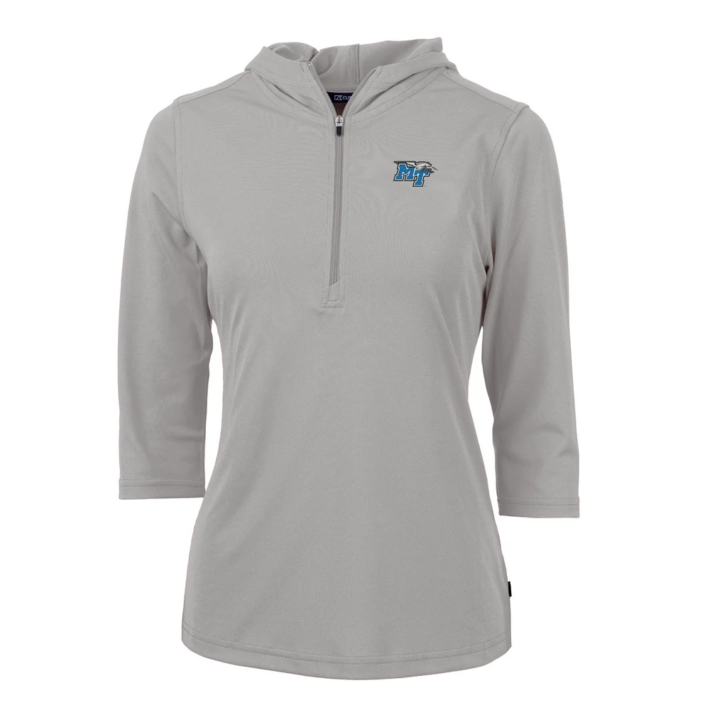 Women's Cutter & Buck Silver MTSU Blue Raiders Virtue Eco Pique Half-Zip 3/4 Sleeve Pullover Hoodie