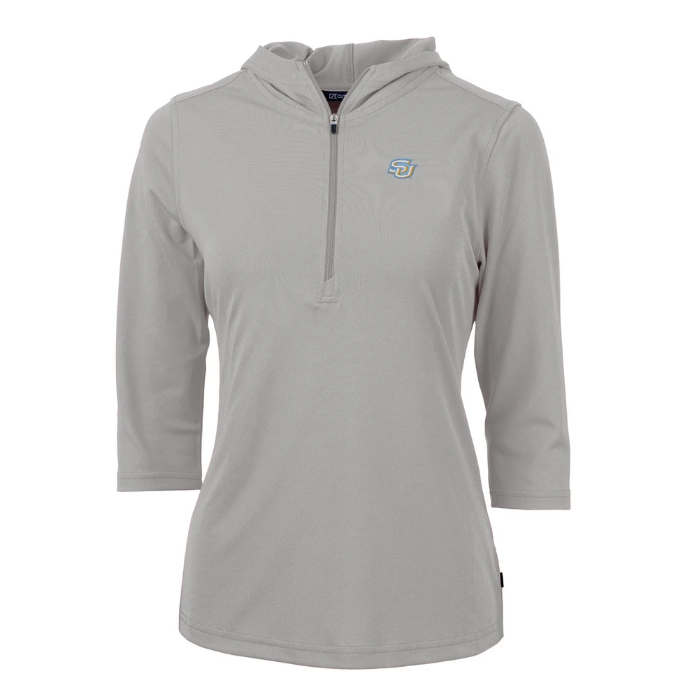 Women's Cutter & Buck Silver Southern University Jaguars Virtue Eco Pique Half-Zip 3/4 Sleeve Pullover Hoodie