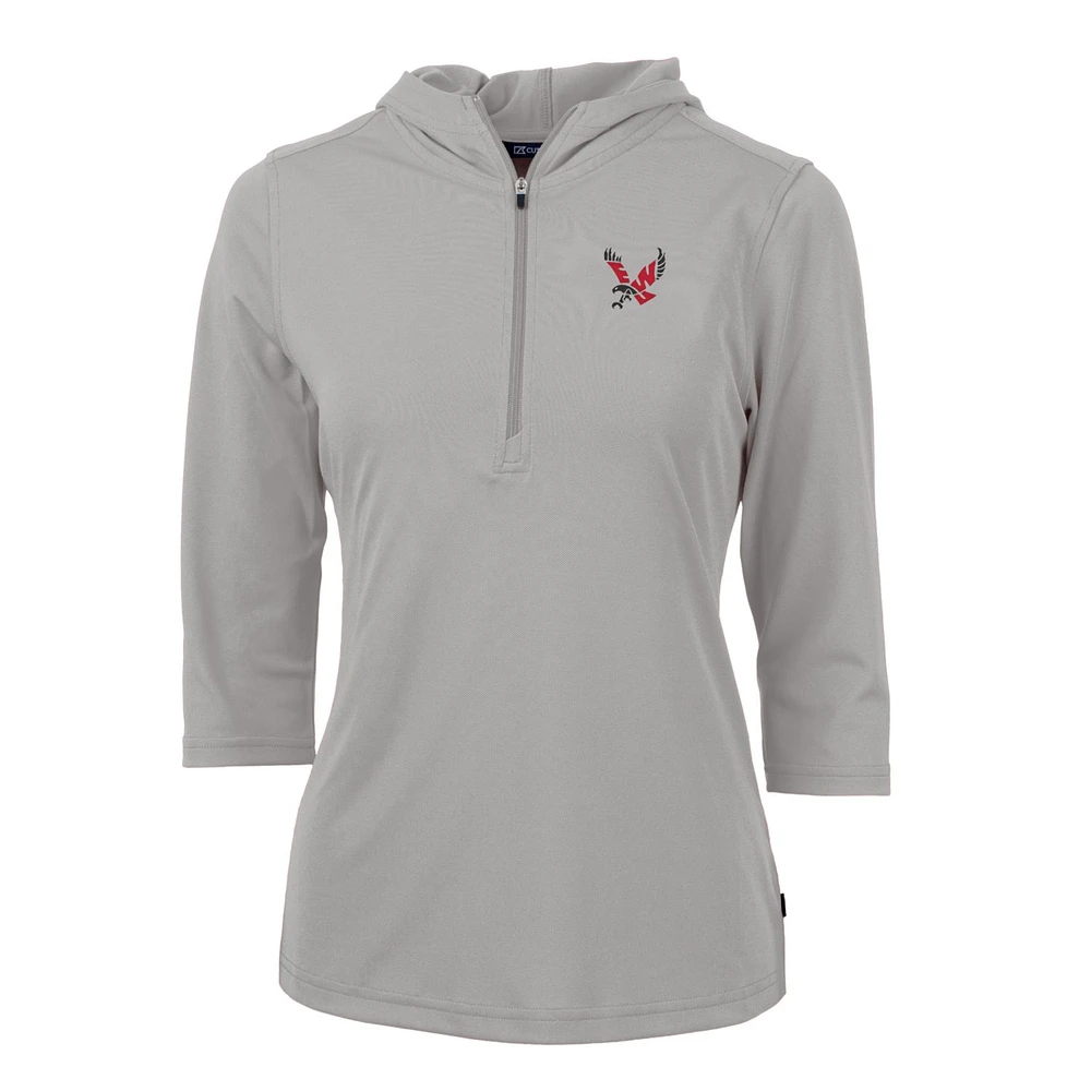 Women's Cutter & Buck Silver Eastern Washington Eagles Virtue Eco Pique Half-Zip 3/4 Sleeve Pullover Hoodie